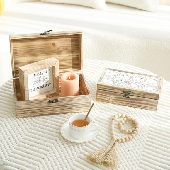 NEW Set of 2 - Wooden Box Rustic Farmhouse Decorative Boxes with Hinged Lid - Picture 6 of 10